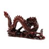 rear of red resin dragon spitting pearl