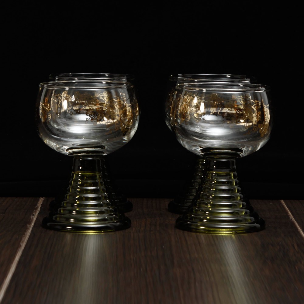 French Wine/Hock Glasses with Olive Coloured Beehive Rib Stem Bases