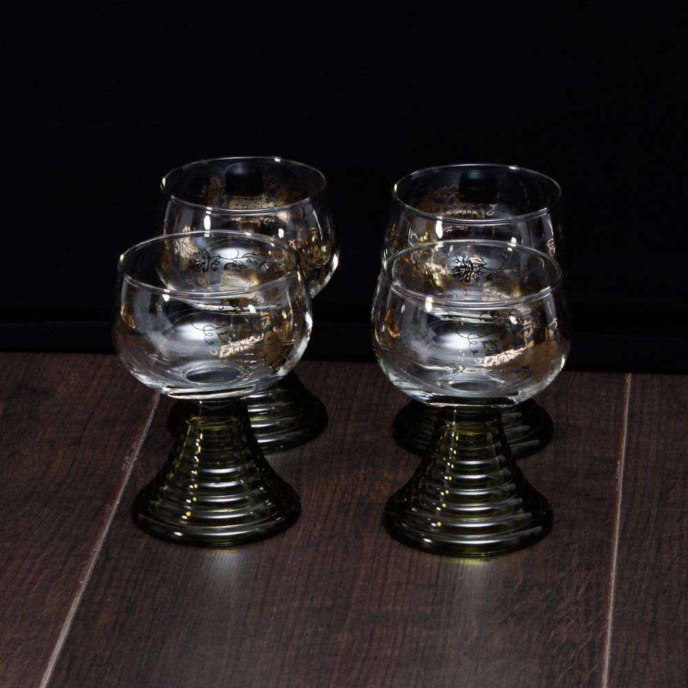 French Wine/Hock Glasses with Olive Coloured Beehive Rib Stem Bases
