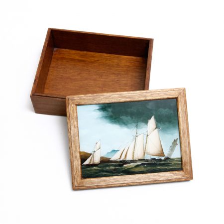 vintage box with glazed schooner print in lid