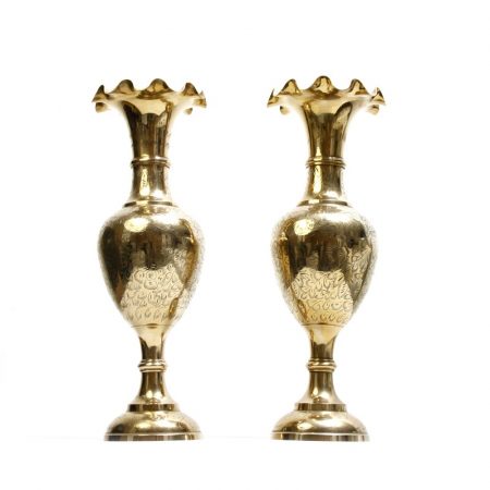 engraved large brass trumpet vases
