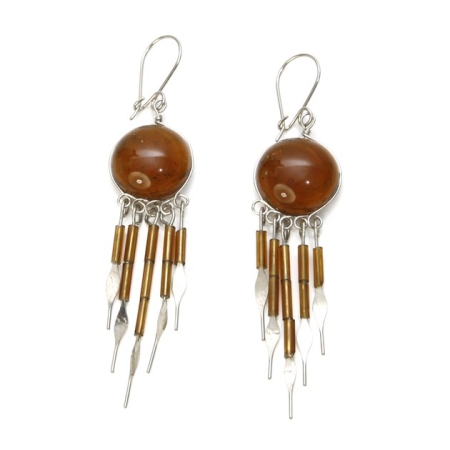 Alpaca Silver Dangle Earrings with Natural Brown Glass