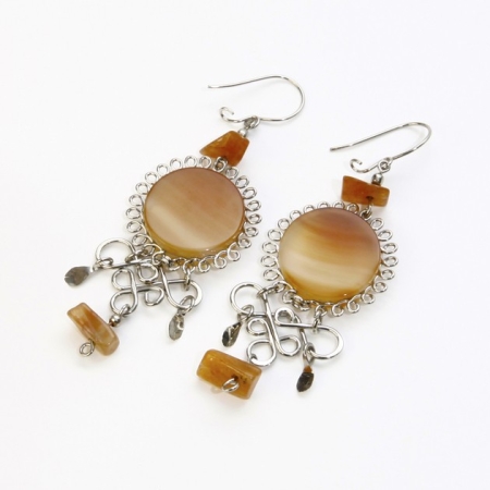 Alpaca Silver with Natural Brown Stone Bead Earrings