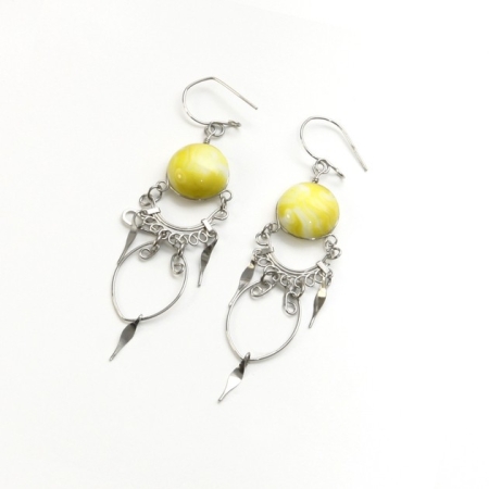 Handmade Peruvian Alpaca Silver & Light Yellow Semi-Precious Stone Bead Earrings