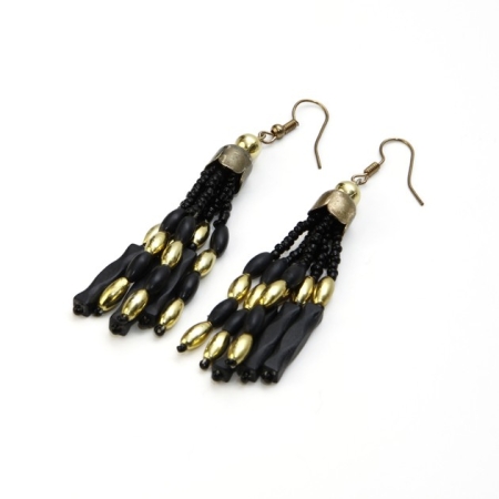 Vintage Style Black and Gold Bead Tassel Earrings