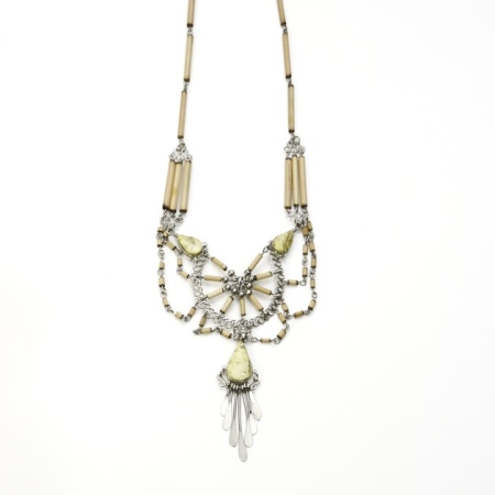 Peruvian Alpaca Silver With Light Olive Semi-Precious Stone and Bamboo Bead Necklace