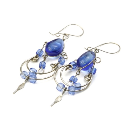 Alpaca Silver Dangle Earrings with Natural Blue Gemstone Glass and Beads