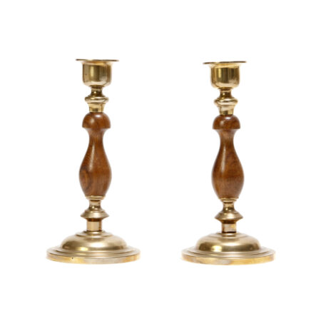 turned wood and brass candlesticks