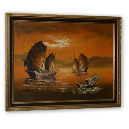chinese junk boats sun orange oil painting impasto