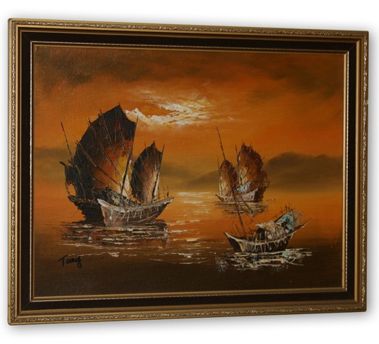 Chinese Junk Boats Oil Painting