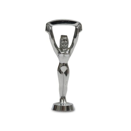 chromed vintage naked lady bottle opener holding winners sash
