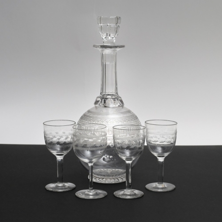 John Northwood geometrical designs greek key etched decanter and glasses